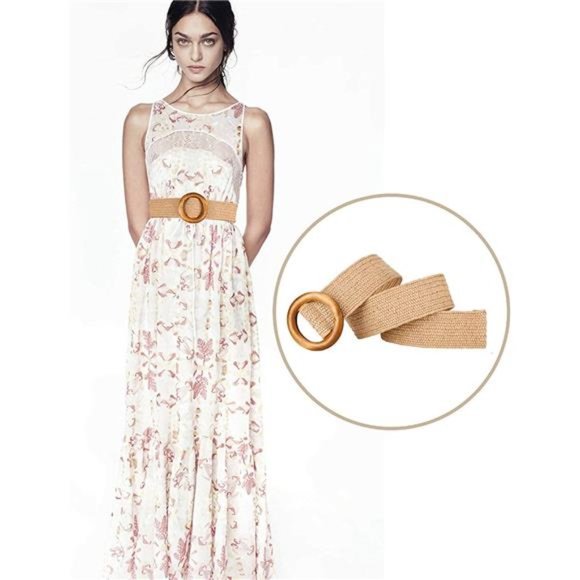 Women Woven Rattan Wide Stretch Straw Belt